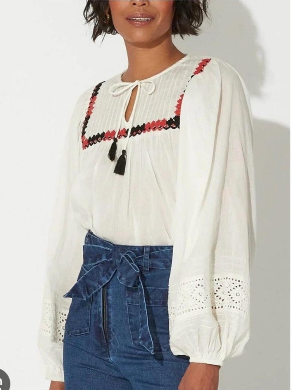 Cleobella White Peasant Blouse with Red & Black Embroidery